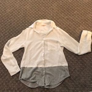 white button down with blue stripes at bottom